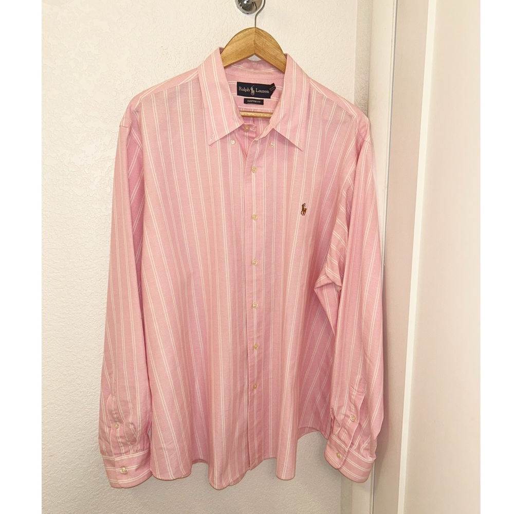 RALPH LAUREN Plus Custom Fit Button Up Stripe Dress Shirt Pink & White SZ: XXL
